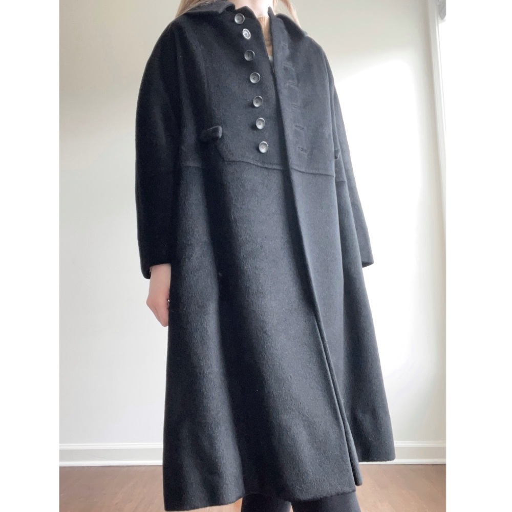 Vintage Seymour Fox Black Wool & Cashmere Bow Accent Button Coat - Picture 2 of 16